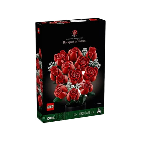 LEGO Bouquet of Roses set packaging with red roses and white flowers on a black background
