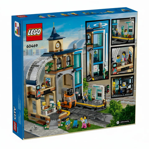LEGO City set packaging with detailed illustrations of the building and people on a blue background.
