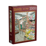 Jigsaw puzzle box with a retro grocery store scene on a wooden surface