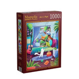 Jigsaw puzzle box with colorful artwork on a wooden surface