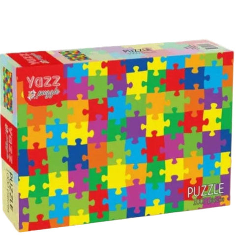 Colorful puzzle box with 'Yazz' branding on a white background
