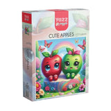 Yazz puzzle box with two cute cartoon apples and butterflies on a colorful background