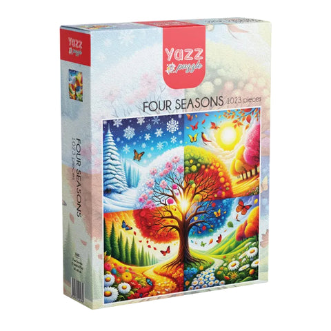 Yazz Four Seasons puzzle box with colorful design on a white background
