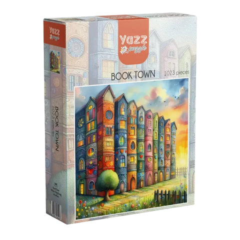 Yazz puzzle box with colorful 'Book Town' design on a white background