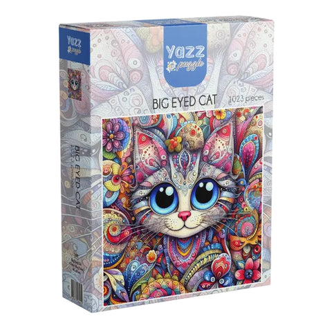 Yazz Big Eyed Cat puzzle box with colorful cat design on a white background