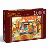 Jigsaw puzzle box with a colorful design of a van and dog in an autumn setting, featuring the brand 'Magnolia Puzzles'.