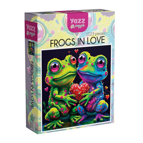 Yazz puzzle box with two colorful frogs holding a heart, labeled 'Frogs in Love'.