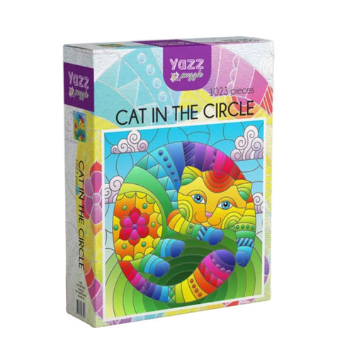 Colorful puzzle box with a cat design on a wooden surface