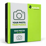 Personalised 1000-piece puzzle, 50 × 70 cm, lime green box — your photo camera placeholder