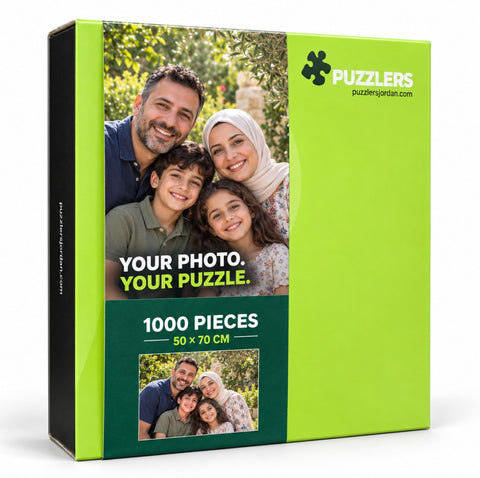 Personalised 1000-piece puzzle, 50 × 70 cm, lime green box — family photo example