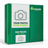 Personalised 500-piece puzzle, 36 × 48 cm, dark green box — your photo camera placeholder