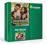 Personalised 500-piece puzzle, 36 × 48 cm, dark green box — family photo example
