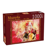 Magnolia Puzzles packaging with a woman in a traditional outfit and floral design on a red background.