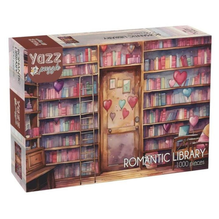 Yazz puzzle box titled 'Romantic Library' with colorful bookshelf design.