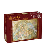 Magnolia Puzzles 1000-piece puzzle box on a wooden surface with a blurred background