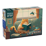 Puzzle box featuring a cat reading a book on a couch with 'Yazz' branding.
