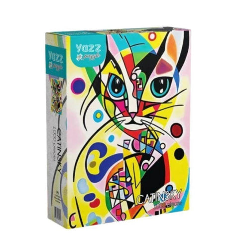 Colorful puzzle box with a stylized cat design on a white background