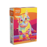 Colorful puzzle box with a cat design on a white background