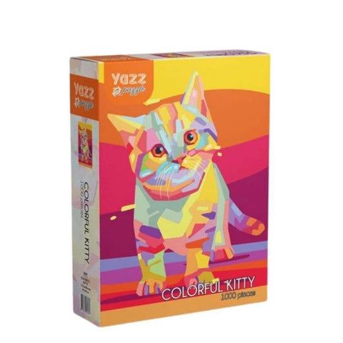 Colorful puzzle box with a cat design on a white background