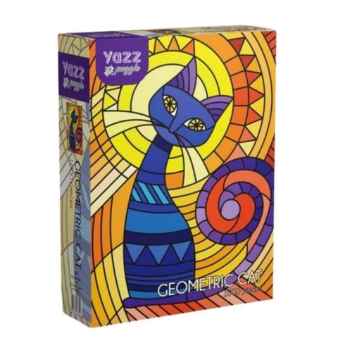 Colorful card game box with geometric cat design on a white background
