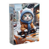 Box of 'The Driver Kitty' toy with a cat character in a car and winter outfit on a snowy street background.