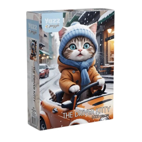 Box of 'The Driver Kitty' toy with a cat character in a car and winter outfit on a snowy street background.