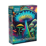 Colorful mushroom-themed product packaging on a white background